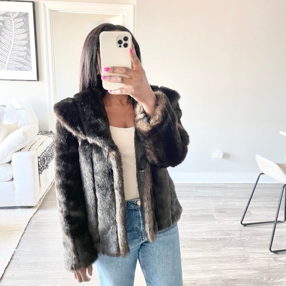 Vintage Style Dark Brown Faux Fur Coat Jacket | Women’s Size 8